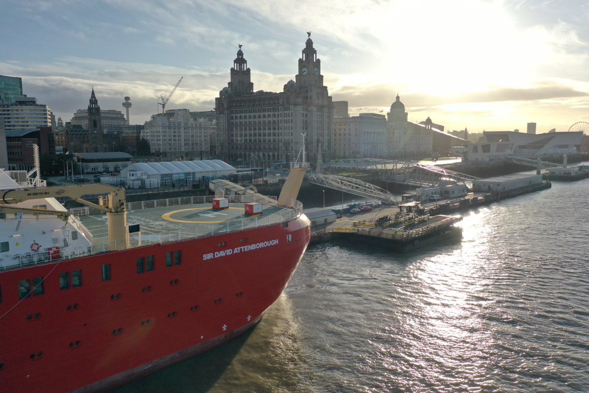 CultureLPool's tweet photo. Happy 100th Birthday Sir David Attenborough! 🎂

In November 2020, the new ‘RRS Sir David Attenborough’ polar research ship sailed across the River Mersey to dock at Cruise Liverpool ahead of technical trials and her maiden voyage to Antarctica ⛴️

Image credit: @stratusimagery https://t.co/VunSFHKy0O