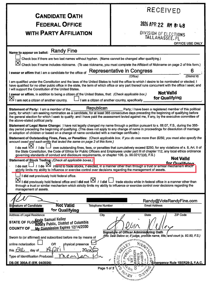 Re-election paperwork filed by <a href="/RepFine/">Congressman Randy Fine</a> 

He will continue trading stocks while in Congress.

I will co-sponsor legislation to ban individual stock trading by any member of Congress.

The idea is to help the people you are elected to serve- not your bank account.