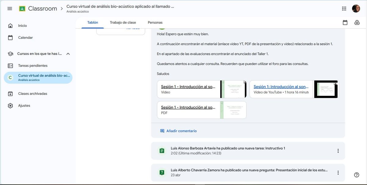 MildreyIH's tweet photo. Proyecto @CIENPINOSCuba desarrolla curso virtual Análisis bio-acústico aplicado al análisis de los sonidos en los ecosistemas. Impartido en  modalidad asincrónica.
Profesor Luis Alonso Barboza Artavia, Instituto Tecnológico de Costa Rica.
#cienpinos #Asdi #CATIE #IndioHatuey https://t.co/ChkKfaUp47
