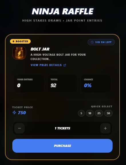 Ninjars_'s tweet photo. 🔥 We’ve been live for less than 48 hours… and one of the NINJA RAFFLES already has 92 entries for a BOLT JAR NFT 👀

⚡ 69,000 JAR POINTS have already been redeemed on THIS single raffle alone.

And this is only ONE of multiple live raffles currently running.

There are also active raffles for rewards like $20 USDT and more, all redeemable using Jar Points earned from tapping.

⏱️ You can earn your first raffle entry in around 3 minutes of tapping with ZERO boosts activated.

💎 The BOLT JAR NFT isn’t just cosmetic either.
It gives players increased tapping performance and extra in game power, helping holders farm Jar Points even faster over time.

📈 Around 15 BOLT JAR NFTs have already sold on the marketplace in under 48 hours, with the current floor price currently sitting around $25.
This is what happens when a tap game launches with real utility, live rewards, and instant redemptions from day 1 instead of “maybe someday” promises 🥷⚡

🦊 Connect with your (MetaMask/Web 3) wallet Browser today!