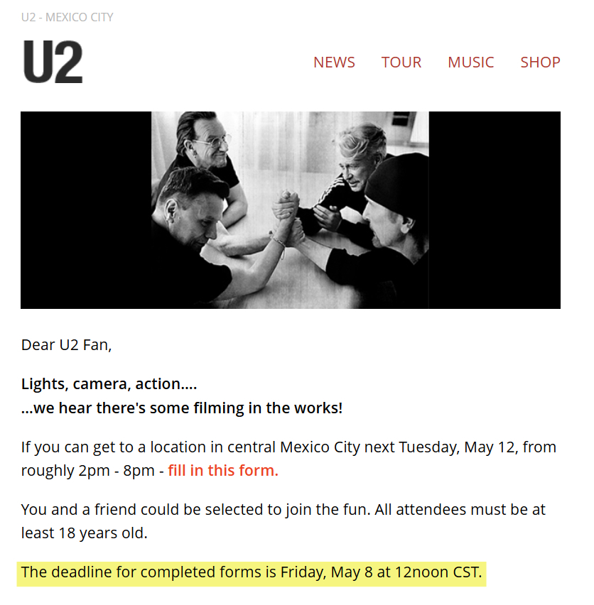 u2mexico's tweet photo. En unas horas más vence el plazo para enviar el formulario para la oportunidad de ser seleccionado y poder estar en la filmación del martes 12 de mayo.
Si puedes asistir y aún no lo has enviado, no esperes más!!!
suerte!!!
#U2 #U2Fans #U2com #U2Mexico https://t.co/zbtsxkyeBf