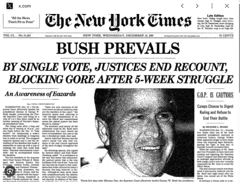 scarylawyerguy's tweet photo. Roberts, Kavanaugh, and Barrett were all lawyers for the campaign that got the below result, so the fact they couldn't give a shit about fair elections is not a surprise. https://t.co/L0Vx0MldLk