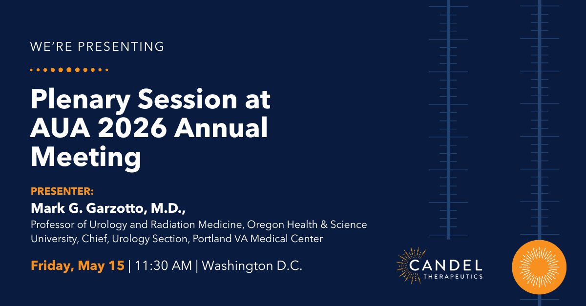 CandelTx's tweet photo. We are heading to #AUA26! 

Join us for new extended follow-up data from our phase 3 trial of aglatimagene in localized #prostatecancer, presented by Dr. Mark Garzotto in a plenary session. 

Visit our booth to connect with our team. 

https://t.co/E8KjXJHmrz 

@AmerUrological https://t.co/LnKHWU1bO8