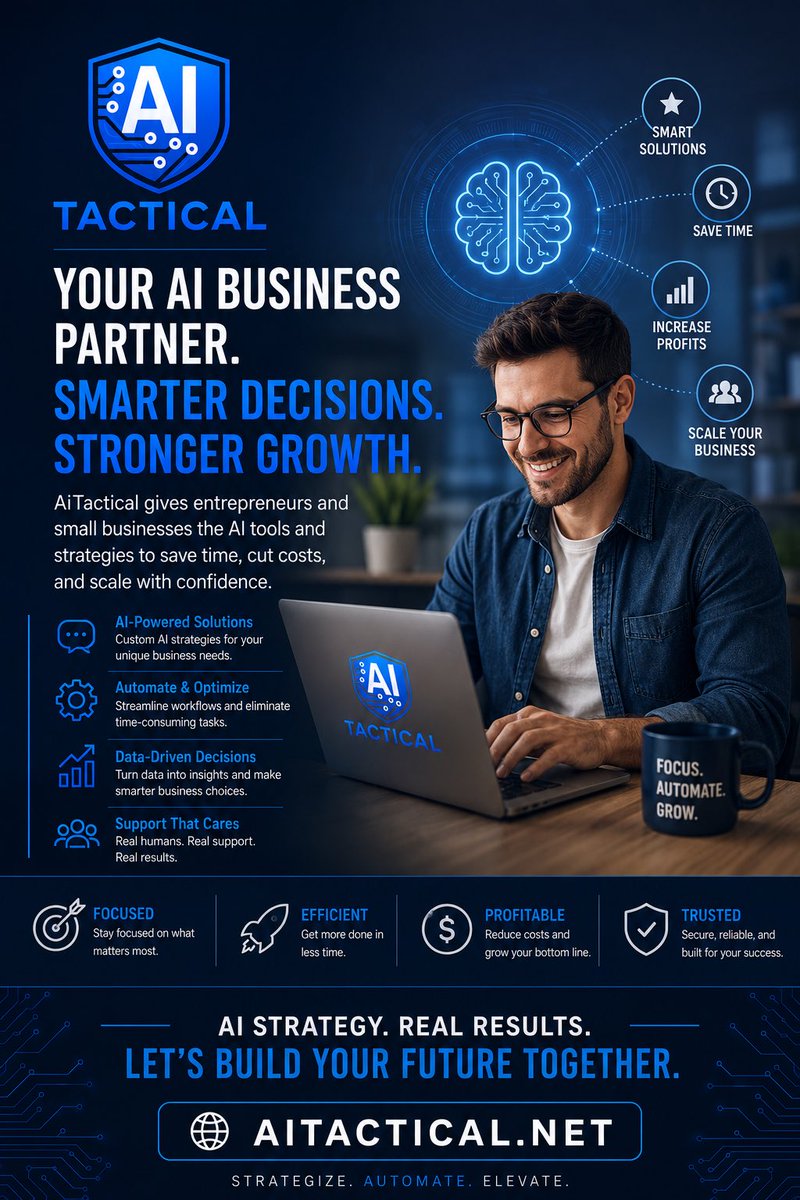 AiTacticalMark's tweet photo. Most entrepreneurs don’t need more software.  
They need clarity, automation, and a system that helps them make smarter decisions faster.  

AI Tactical gives small businesses and entrepreneurs an AI business partner designed to help streamline operations
Veteran-owned https://t.co/9yHgnhfCP4