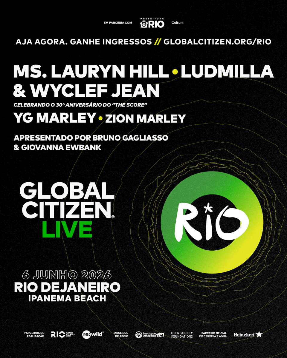 GlblCtzn's tweet photo. Vocês dsseram “come to Brasil” e nós respondemos “é com a gente mesmo” 🤝🇧🇷

No dia 6 de junho, o Global Citizen Live: Rio de Janeiro chega à Praia de Ipanema com ninguém menos que @mslaurynhill e @wyclef celebrando os 30 anos do álbum icônico dos Fugees, The Score, com participações de YG Marley e Zion Marley, além de @Ludmilla como uma das headliners! O evento será apresentado por @gioewbank e @brunogagliasso.

https://t.co/qylGz2GXhi