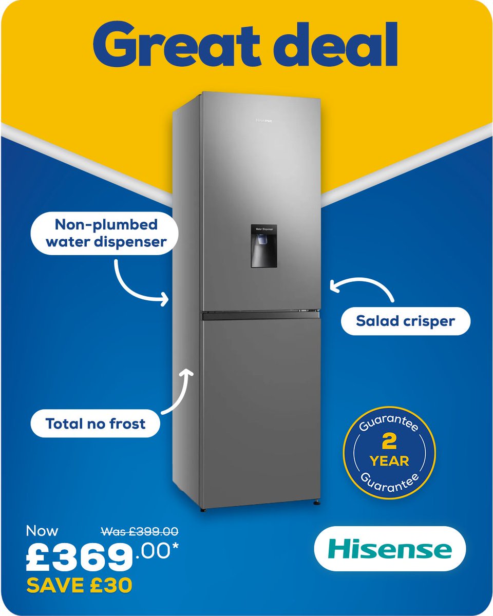 euronics_UK's tweet photo. Upgrade your grocery game with this #Hisense fridge freezer featuring Total No Frost technology and well-organised storage. It's ideal for busy homes. Buy now for £369*, saving £30 https://t.co/yihl672zBw or visit your local store. #TheHomeofElectricals #WeveGotThis https://t.co/YRaNLR1MQ6