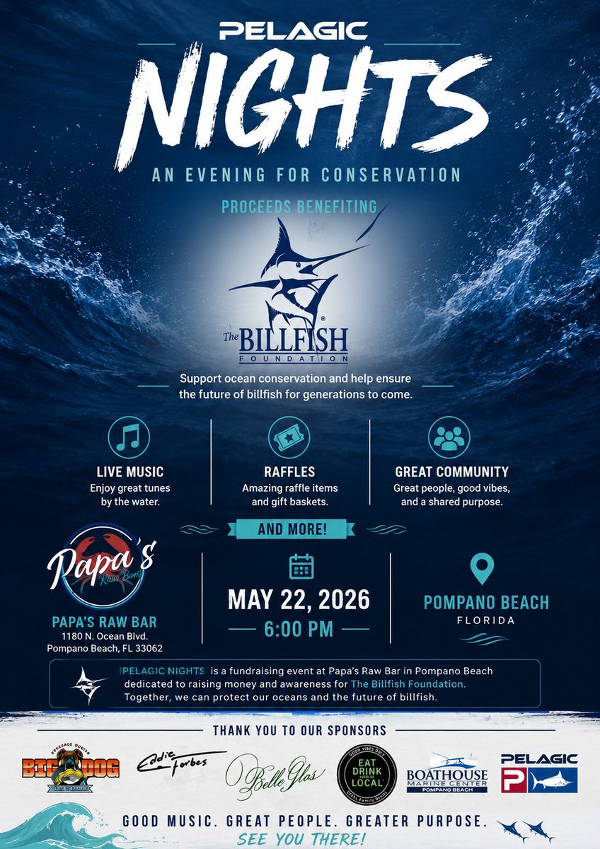 TagBillfish's tweet photo. Join us for Pelagic Nights at Papa’s Raw Bar in Pompano Beach on May 22 at 6 PM for an evening benefiting The Billfish Foundation. Enjoy live music, raffles, and giveaways, all while helping support billfish conservation and the future of our oceans. https://t.co/PXILWqDOuT