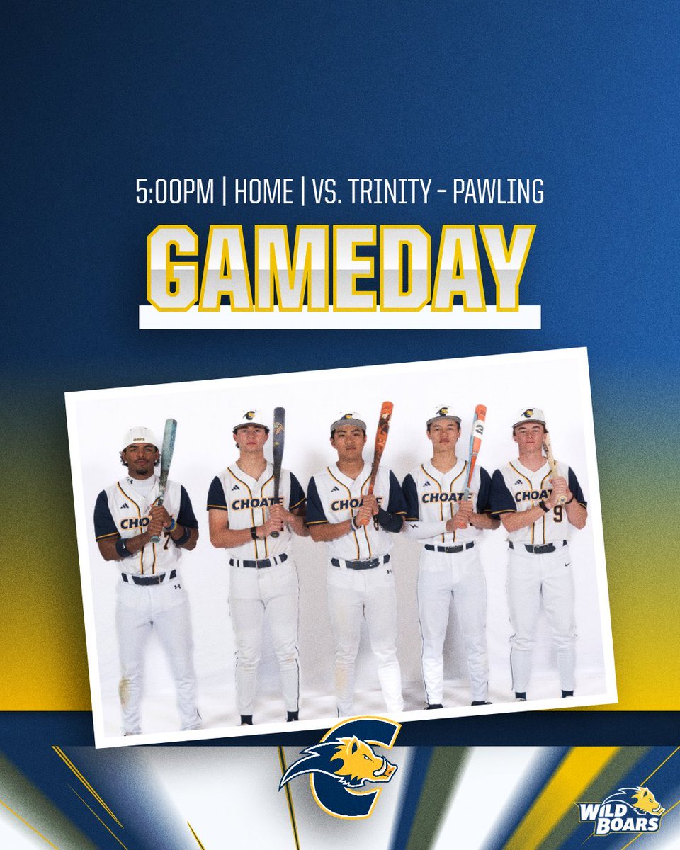 Choate_Baseball's tweet photo. It’s GAMEDAY.

The Wild Boars 🐗 are home today for a Founders League match up vs Trinity-Pawling at 5:00PM. 

#D.E.B.T
@choateathletics https://t.co/QOuE3P1djr