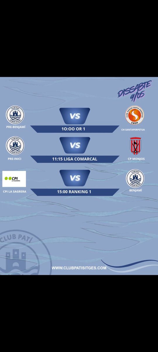 HoqueiSitges's tweet photo. 🏑🛼🥅📅 Partits de la jornada (9 de maig de 2026)

Som-hi equips, som-hi Sitges!! 💪🏼💙🤍

📸 https://t.co/Yj3Fxqji8x

#hoquei #hoqueipatins #hockey #hockeysobrepatines #hoqueisitges #Sitges https://t.co/FpIxr9whe8