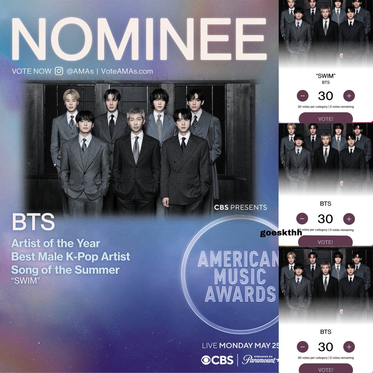 🚨 ¿LOGRAMOS 1K DE REPOST? NECESITAMOS DIFUNDIR MASIVAMENTE!👇🏻⚠️
ÚLTIMAS CINCO HORAS DE VOTACIÓN, LOGREMOS ESOS TROFEOS😭💜
🖇️ama.votenow.tv

— Comenta, LIDEREMOS TENDENCIAS:

ONE MORE NIGHT AMARMY
VOTE FOR BTS ON AMAS
VOTE SWIM ON AMAS 
#VoteForBTSonAMAs
