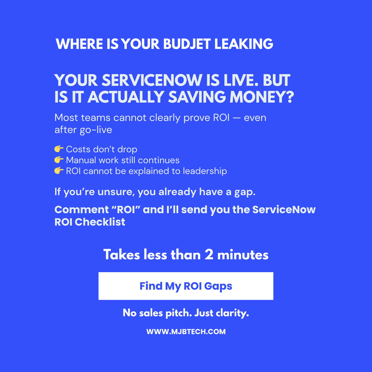 mjbtechnology's tweet photo. Your ServiceNow is live.

But is it actually delivering ROI?

Find workflow gaps, operational leakage &amp; hidden inefficiencies with our ServiceNow ROI Checklist.

👉 https://t.co/QsNiqwBxvl

#ServiceNow #ITSM https://t.co/GFSIFAM5ak