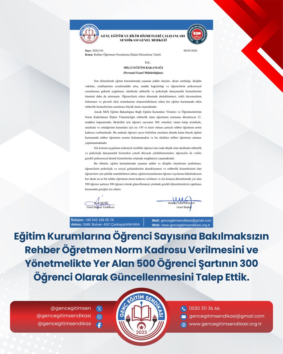 gencegitimsen's tweet photo. Eğitim kurumlarımızda son dönemde artış gösteren şiddet olayları, akran zorbalığı ve disiplin sorunları, Rehberlik ve Psikolojik Danışmanlık hizmetlerinin hayati önemini bir kez daha ortaya koymuştur.

Genç Eğitim Sen olarak;
Öğrencilerimizin psikososyal gelişimlerini desteklemek ve güvenli bir okul ortamı oluşturmak amacıyla Milli Eğitim Bakanlığı’na resmi talebimizi ilettik:

✅ Her Okula Bir Rehber Öğretmen: Öğrenci sayısına bakılmaksızın her eğitim kurumuna en az bir rehber öğretmen norm kadrosu verilmelidir.
✅ Kriter Güncellemesi: Yönetmelikte yer alan 500 öğrenci şartının 300 öğrenci olarak güncellenmesini talep ediyoruz.

Eğitimde fırsat eşitliği ve öğrencilerimizin ruh sağlığı her şeyden önce gelir. Düşük mevcutlu okullarımızdaki öğrencilerimizin rehberlik hizmetlerinden mahrum kalmasına sessiz kalmıyoruz!

⚖️ Eğitimde nitelik, rehberlikle başlar.

@mfaarslan