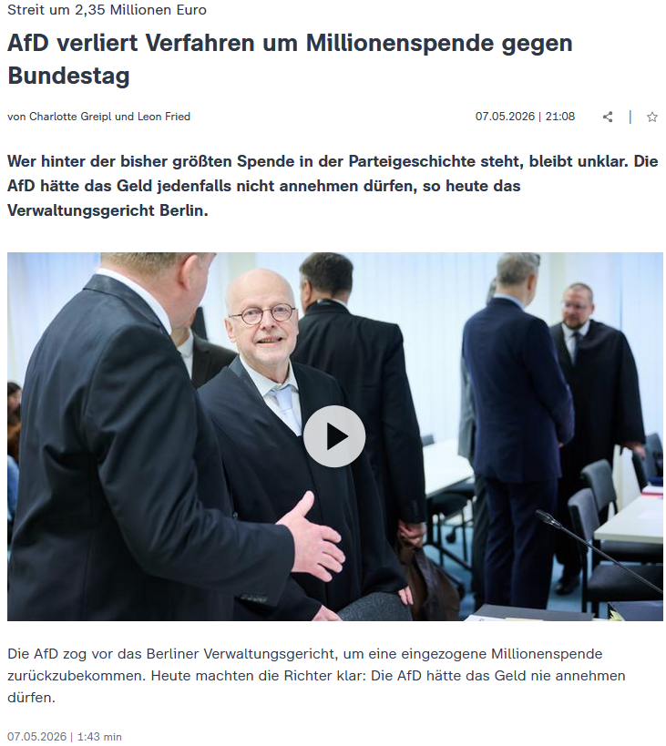 Wenn es um die AfD geht, dann kehren deutsche Gerichte auch gern mal den Grundsatz "Im Zweifel für den Angeklagten um". So geschehen beim Verfahren um die Spende von 2,3 Millionen Euro, die die Partei 2025 erhielt.
Das Verwaltungsgericht Berlin räumte selbst ein, nicht genau zu