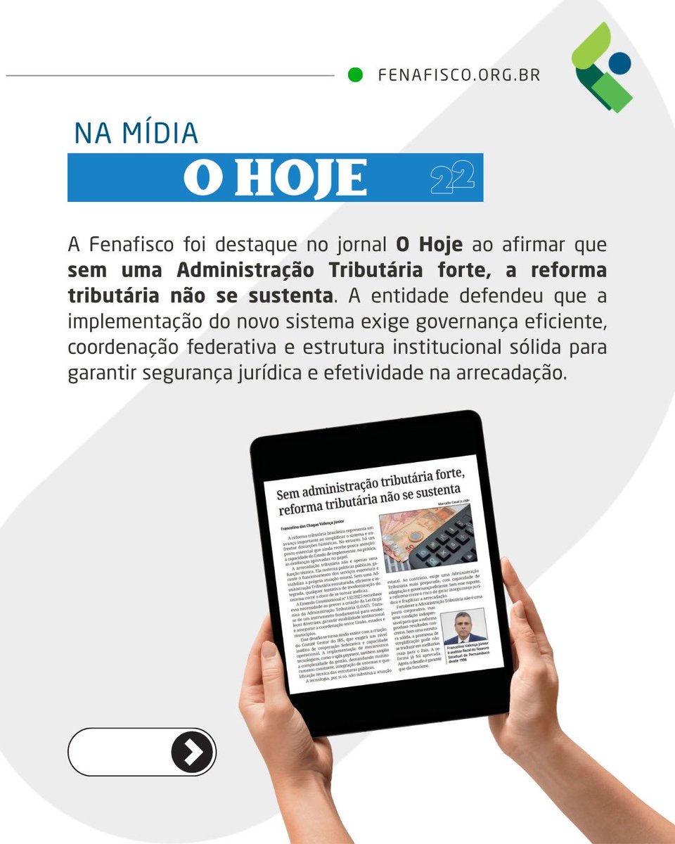 Fenafisco's tweet photo. A Fenafisco ganhou destaque em diversos veículos da imprensa nacional ao defender que o fortalecimento da Administração Tributária é condição essencial para o sucesso da reforma tributária.

A repercussão da pauta evidencia a relevância do debate sobre governança fiscal. https://t.co/CKeyxXEvuA