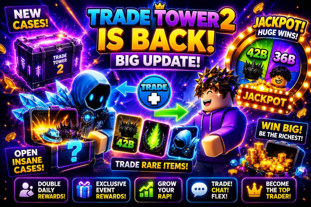 cofeads's tweet photo. Trade Tower 2 is Back!
Release today in 4H!

Trade, collect rare items, open insane cases, and grow your RAP to the top 👑

🎁 Giveaways
📈 Trading
💎 Rare limiteds
🎮 Game updates
👀 Future leaks
Join Event here:
https://t.co/wOhrCn2L3m
#roblox #robloxgame #cofeads #tradetower https://t.co/IjyIT1CoOv