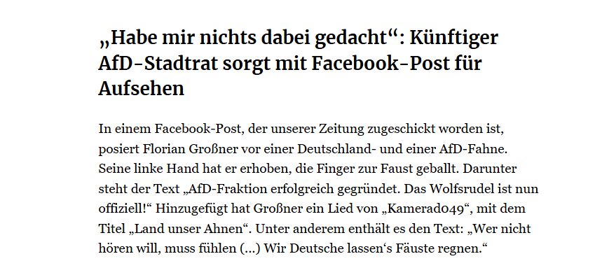 AfDverbot_2024's tweet photo. Angeblich hat er sich "Nichts dabei gedacht":
#AfD-Stadtrat #Großner sorgt mit unterirdischem Facebook-Post für Aufsehen

https://t.co/Ph0oH67a6G

#gesichertrechtsextrem #Neonazi #Rechtsrock #Gewalt #Hass #Rechtsextremismus https://t.co/EN7lXuQbio