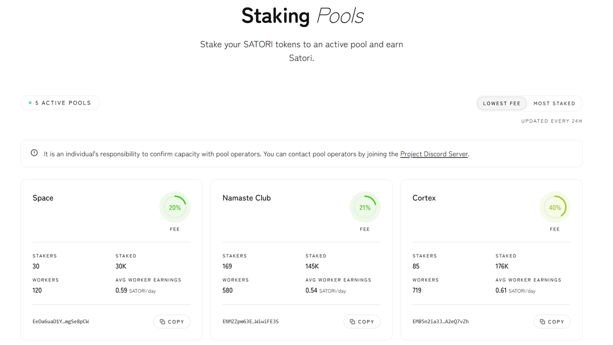 SatoriAssoc's tweet photo. Lot of new updates on the website! ✨
https://t.co/XMTDtYEsm6

One highlight: If you're interested in staking your #satori tokens to the network you can now compare pools. 📊 https://t.co/FSq0fhx4p7