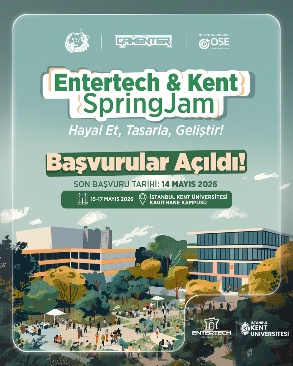 entertechtr's tweet photo. 🚀 Baharı Entertech & Kent SpringJam ile karşılıyoruz!

Yaratıcılığını, teknik yetkinliğini ve ekip ruhunu ortaya koymaya hazır mısın? 🌸
Entertech ve Kent Üniversitesi iş birliğiyle düzenlenen SpringJam için başvurular açıldı!

Bu jam boyunca:
🎮 Oyun geliştiriciler, tasarımcılar ve yaratıcı ekiplerle bir araya gelecek
🏆 Sürpriz ödüller ve networking fırsatları yakalayacaksın

İster bireysel katıl ister ekibinle başvur — baharın enerjisini birlikte oyuna dönüştürelim!

📅 Etkinlik Tarihi: 15-17 Mayıs
📍 Lokasyon: İstanbul Kent Üniversitesi Kağıthane Kampüsü
📝 Başvuru: 🚀 Baharı Entertech & Kent SpringJam ile karşılıyoruz!

Yaratıcılığını, teknik yetkinliğini ve ekip ruhunu ortaya koymaya hazır mısın? 🌸
Entertech ve Kent Üniversitesi iş birliğiyle düzenlenen SpringJam için başvurular açıldı!

Bu jam boyunca:
🎮 Oyun geliştiriciler, tasarımcılar ve yaratıcı ekiplerle bir araya gelecek
🏆 Sürpriz ödüller ve networking fırsatları yakalayacaksın

İster bireysel katıl ister ekibinle başvur — baharın enerjisini birlikte oyuna dönüştürelim!

📅 Etkinlik Tarihi: 15-17 Mayıs
📍 Lokasyon / Online: Kent Üniversitesi Kağıthane Kampüsü
📝 Başvuru: https://t.co/4ZCRlZ7Uch
