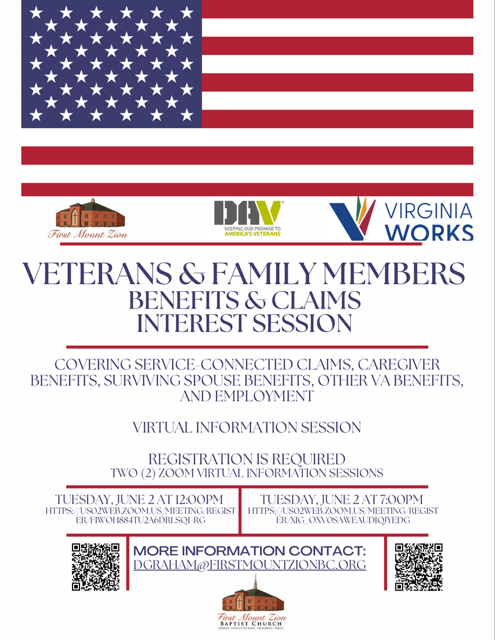 FMZBC1's tweet photo. The FMZBC Veterans Small Group, DAV and Virigina Works will host a VA Claims and Benefits information session via ZOOM on Tuesday, June 2 at 12pm and 7pm. The session will provide a host of information to assist veterans and family members to apply for eligible benefits. https://t.co/nDFs0iJUj2