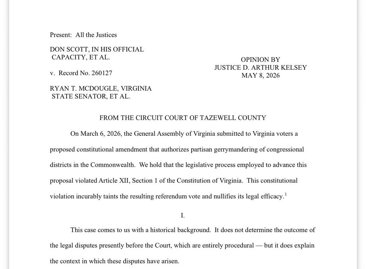 KatiePavlich's tweet photo. BREAKING: The Virginia Supreme Court has STRUCK DOWN Democrats’ illegal gerrymandering efforts. 10-1 map will not fly. 🚨 🚨 🚨 

“This constitutional violation incurably taints the resulting referendum vote and nullifies its legal efficacy.”

https://t.co/nA962DcLap https://t.co/WftNAC2L2Q