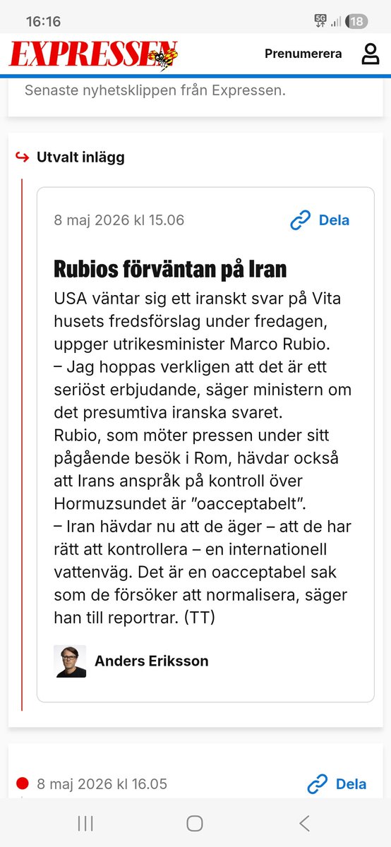 Iran sitter med ALLA kort så Rubio ska inte förvänta sig ett skit. USA högg i sten när dom anföll Iran och vore jag i Rubios byxor skulle jag backa ur nu innan det blir ännu värre.