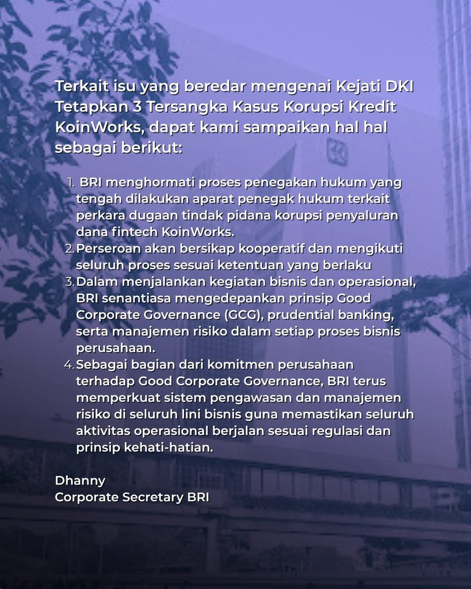ibenewsid's tweet photo. Kedepankan Asas Transparansi, BRI Hormati Langkah Penegak Hukum dalam Perkara KoinWorks
#bri #koinworks #beritaterkini #ibenews https://t.co/12s9eD1iO2