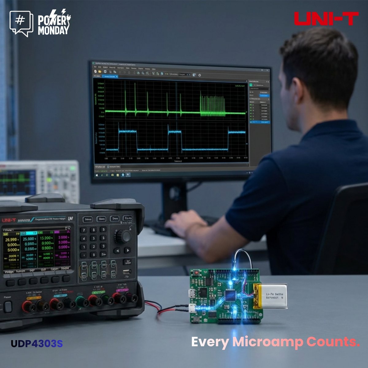UniTrend_Europe's tweet photo. Power Monday. The Battery Detective.
Second-level sampling?
You’re missing the real picture.
UDP4303S captures wake-up spikes at 8k Sa/s with 1μA resolution—so you can see what’s actually draining your device.
Explore: https://t.co/PL2UAFyqMT
#PowerMonday #IoTDevelopment #BatteryLife #UDP4303S #UNIT