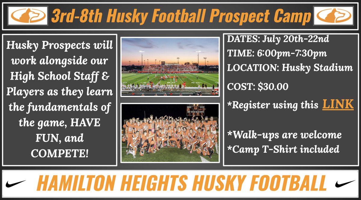 HHHSHuskyFB's tweet photo. Our players &amp; staff are excited to work with our youth at the 3rd-8th Husky Football Prospect Camp. Get registered using the link below!

https://t.co/iArGA6gBdf https://t.co/2zubJCNz6t