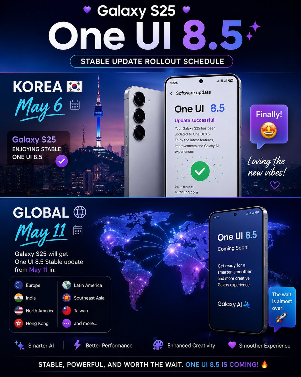 Current
One UI 8.5 situation 👀👇

Galaxy S25 users in Korea: 😎🔥
Global users: 👁️👄👁️
Samsung servers: 💀

May 11 can’t come fast enough 😭