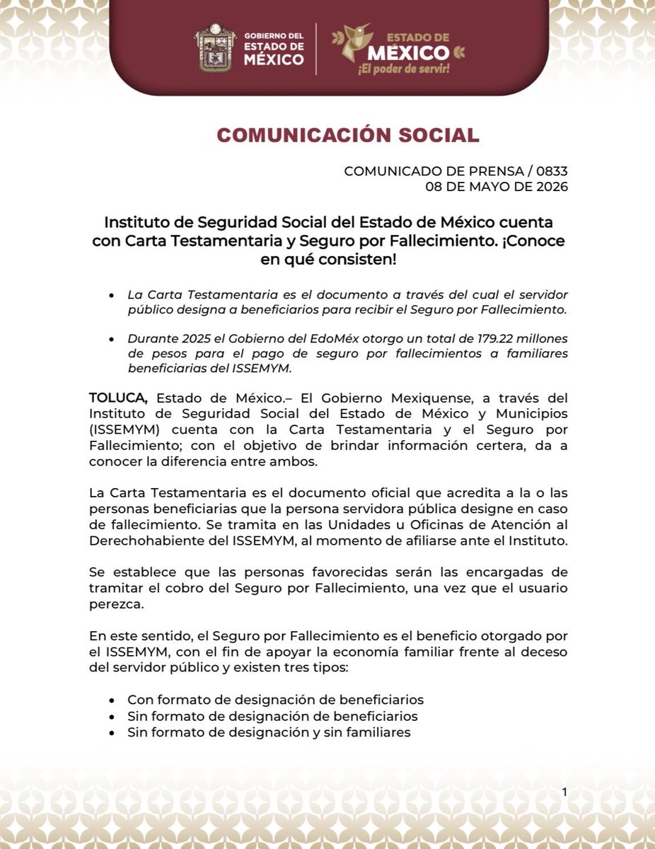 OficialiaEdoMex's tweet photo. 📰#ComunicadoDePrensa:
Instituto de Seguridad Social del Estado de México cuenta con Carta Testamentaria y Seguro por Fallecimiento.
• La Carta Testamentaria es el documento a través del cual el servidor público designa a beneficiarios para recibir el Seguro por Fallecimiento. https://t.co/ooz7DqOr8C