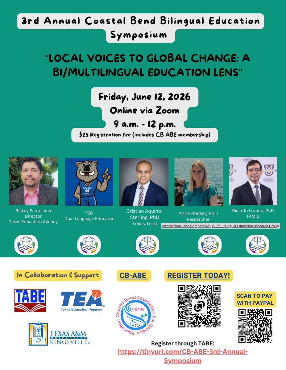 TA4BE's tweet photo. Join the Coastal Bend Association for Bilingual Education for their upcoming 3rd Annual Coastal Bend ABE Symposium on June 12th from 9AM-12PM! For more info, viist: https://t.co/aW68EmZnQ8 https://t.co/OhcYsru1zX