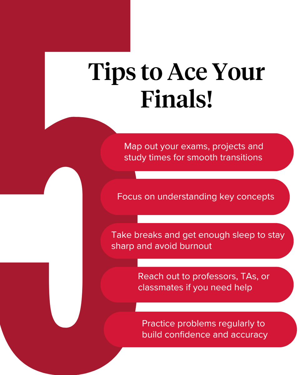SDSUEngineering's tweet photo. Finals week is here. Stay focused, take care of yourself, and finish strong
Check out these tips from the College of Engineering to help you succeed 💪📚#FinalsWeek #StudySmart #StayFocused #FinishStrong https://t.co/7zZlnhH05i