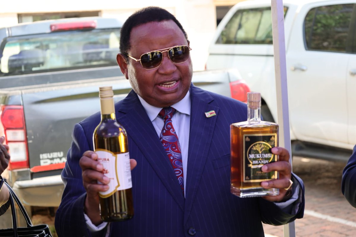 mhtestd's tweet photo. Minister of Higher and Tertiary Education Ambassador Dr. Frederick Shava being shown a range of products such as Mapfura Wine and Brand which have been commercialised and now on the market at the National Biotechnology Authority offices in Newlands, Harare. https://t.co/zKWjhnijzY