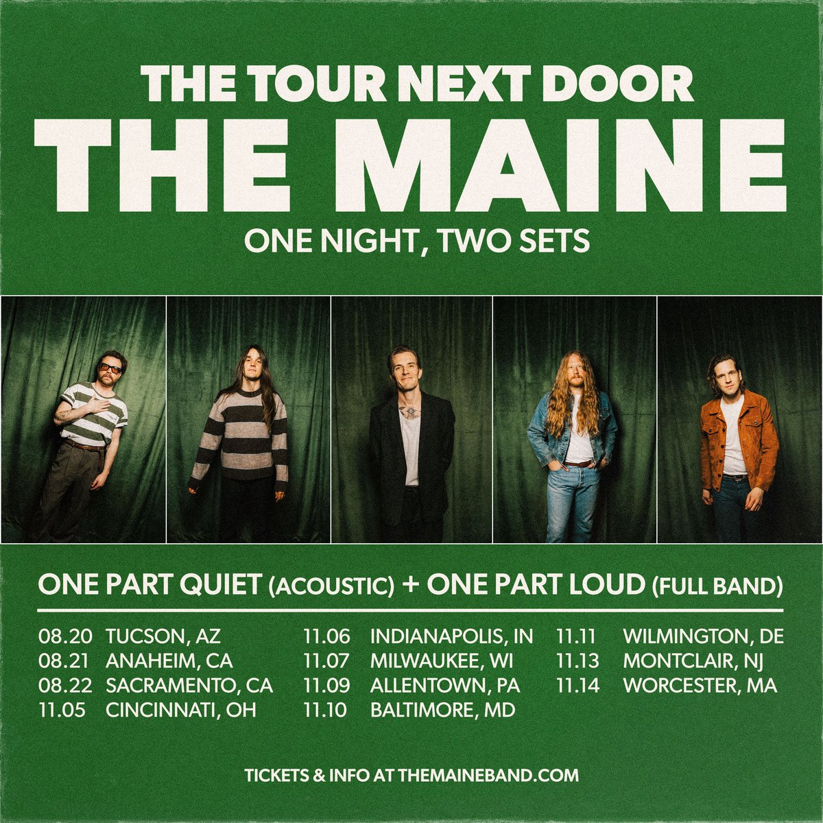 themaine's tweet photo. The Tour Next Door. One night, two sets. Tickets on sale Friday May 15th. Sign up for pre sale at https://t.co/fT63Lf1x27 https://t.co/07D4SrEZ3F