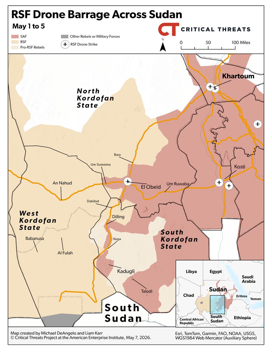 criticalthreats's tweet photo. NEW | The RSF conducted drone strikes on key infrastructure in cities across central and eastern Sudan, undermining the SAF-led Sudanese government’s efforts to boost its legitimacy by restoring governance.

Sudan accused Ethiopia of facilitating some of the strikes and has massed forces in a disputed area along the Sudan-Ethiopia border, which could escalate the unfolding regional proxy conflict between the two countries and raises the risk of direct military confrontation, although both have capacity constraints that make this unlikely. 🧵👇