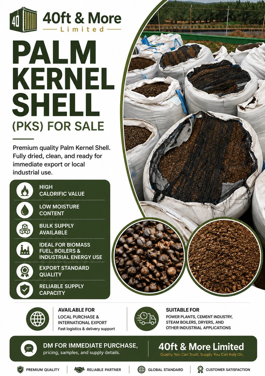 spiralOptimum's tweet photo. Premium Palm Kernel Shell (PKS) now available for immediate local purchase and export.

Reliable supply. Export-standard quality.

DM for immediate purchase, pricing, and supply details.

#PalmKernelShell #NigeriaExport #BulkSupply #IndustrialFuel
#PKSForSale #BiomassFuel https://t.co/N17FcW88vC