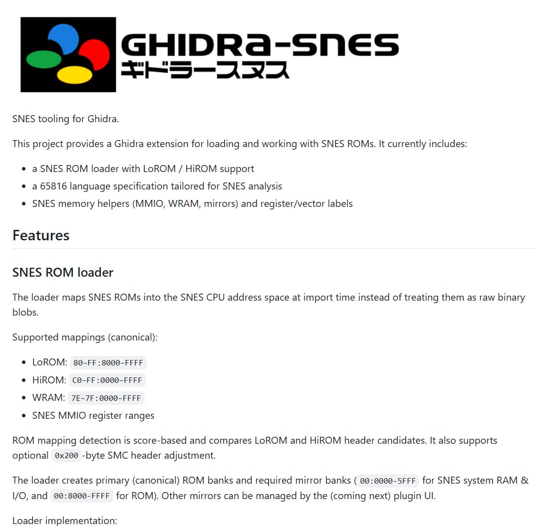 SrLinguicaVIVE's tweet photo. Lançado Ghidra-SNES!

Este projeto fornece uma extensão do Ghidra para carregar e trabalhar com engenharia reversa de ROMs de SNES. https://t.co/jtPNvxyryp