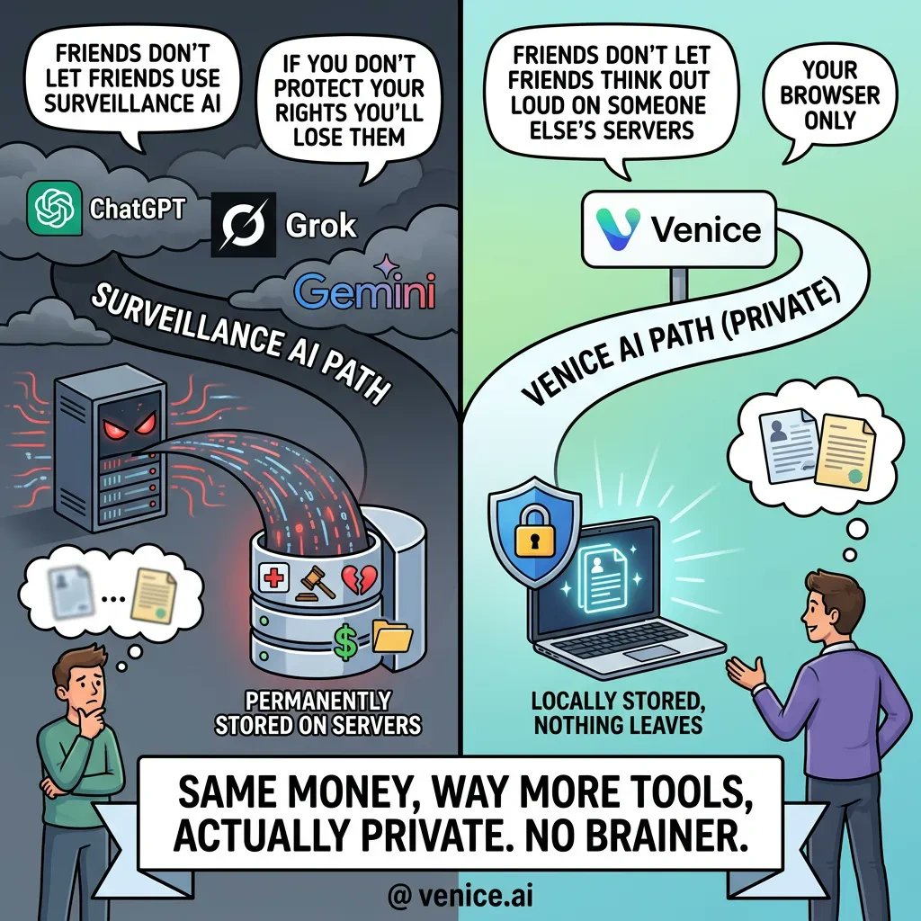 galactiator's tweet photo. $VVV holders and $DIEM minters- take 2 minutes to impact your investment:

The single most impactful action you can do for the network is get more people using @AskVenice Venice.

Here are 2 choices for a copy-paste text you can send to friends and family or use for inspiration when creating your own curated personable text (plus some fun image to include)

#1 Short Version:
I made the switch to Venice for my AI chat service. Price is comparable to ChatGPT, Grok, Claude, Gemini, etc.

2 big differences though:

1) I get access to all the top models in one app — not just a single brand. ChatGPT, Grok, Claude, Gemini, and many more, all included.

2) Privacy — Venice doesn't store any of your conversations. Nothing sits on their servers. Matters when you're asking about medical, legal, financial, or anything personal.

Access via web: venice. ai
Or search "Venice AI" in the App Store / Google Play.
 
#2 Longer Version:
If you're already paying $20/month for ChatGPT (or Grok, or Claude). Switch to Venice instead. I made the switch, and its been a great experience. It's comparably priced at $18/month and gives you access to basically EVERY top AI model in one app: ChatGPT-quality, Grok-quality, Claude-quality, plus image generation, video generation, music, and document analysis included. No more juggling subscriptions or pigeonholing yourself into 1 lane.

The biggest reason to switch: Venice is private. Nothing is stored on their servers, everything stays in your browser. That matters more than people realize. Think about what you'd want to ask an AI but won't because it feels like it's being recorded:

- Uploading a medical test result or doctor's note to understand it
- Reviewing a legal document, contract, lease, or divorce paperwork
- Asking questions about a mental health issue, addiction, or family problem
- Going through tax documents or financial statements
- Discussing a workplace dispute or HR situation
- Personal relationship stuff you wouldn't want anyone reading later

ChatGPT, Grok, and Gemini keep all of that on their servers permanently. Venice doesn't have it to begin with. Your conversations literally cannot be subpoenaed, leaked, or used to train future models.

It also doesn't refuse questions or lecture you. Treats you like an adult.

Same money, way more tools, actually private. No brainer.

You can access via the web: @ venice. ai or an app, search "Venice AI" in the App Store or Google Play.