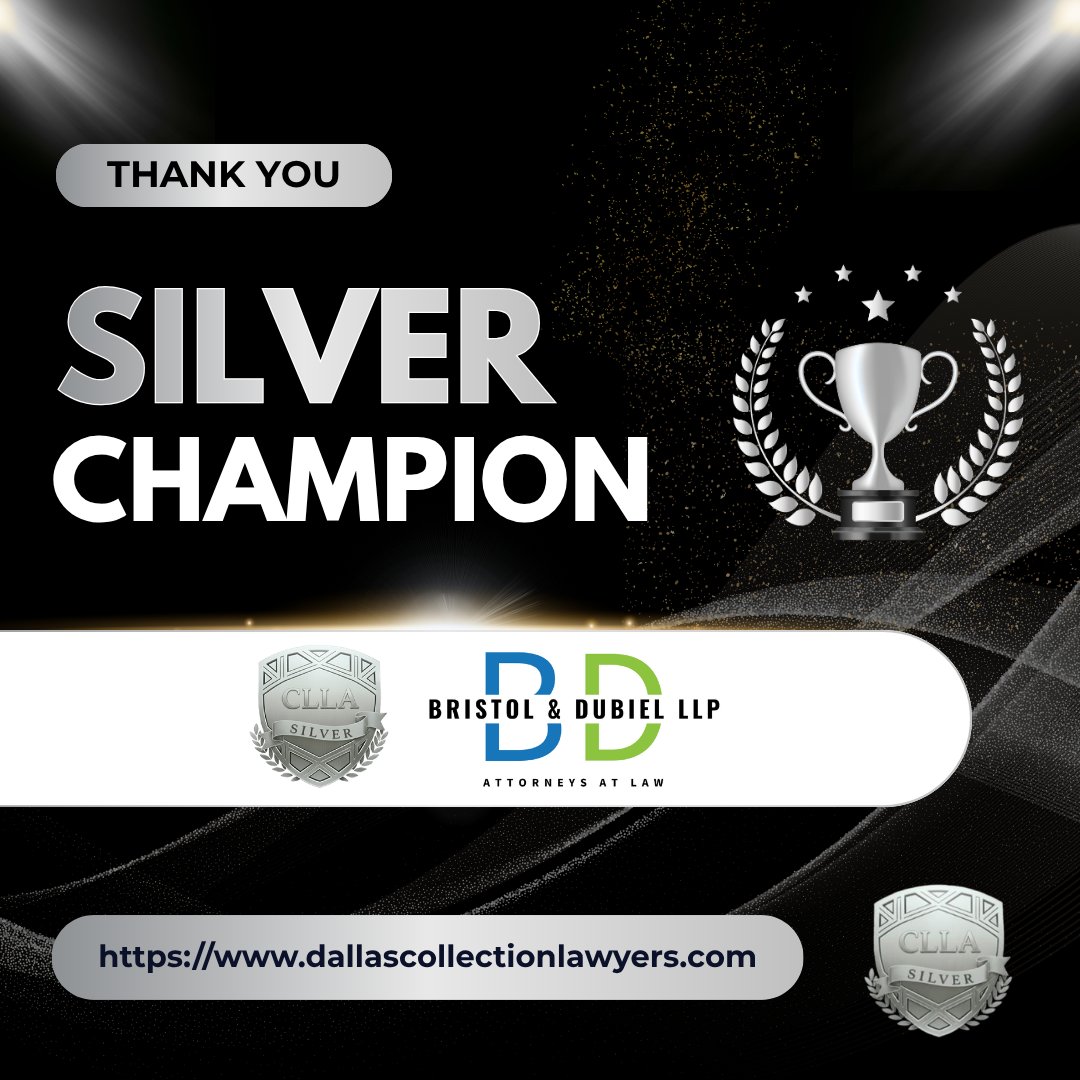 CLLAInforms's tweet photo. Congrats to Bristol &amp; Dubiel, LLP, a 2026 @CLLA_Org Silver Champion! 🥈 From offices in Dallas &amp; San Antonio, they provide expert commercial debt collection and litigation services across Texas. ⚖️
Learn more: https://t.co/SGaCX1UVxD
#CLLA #TexasLaw #DebtCollection https://t.co/IAx1AlDQUZ