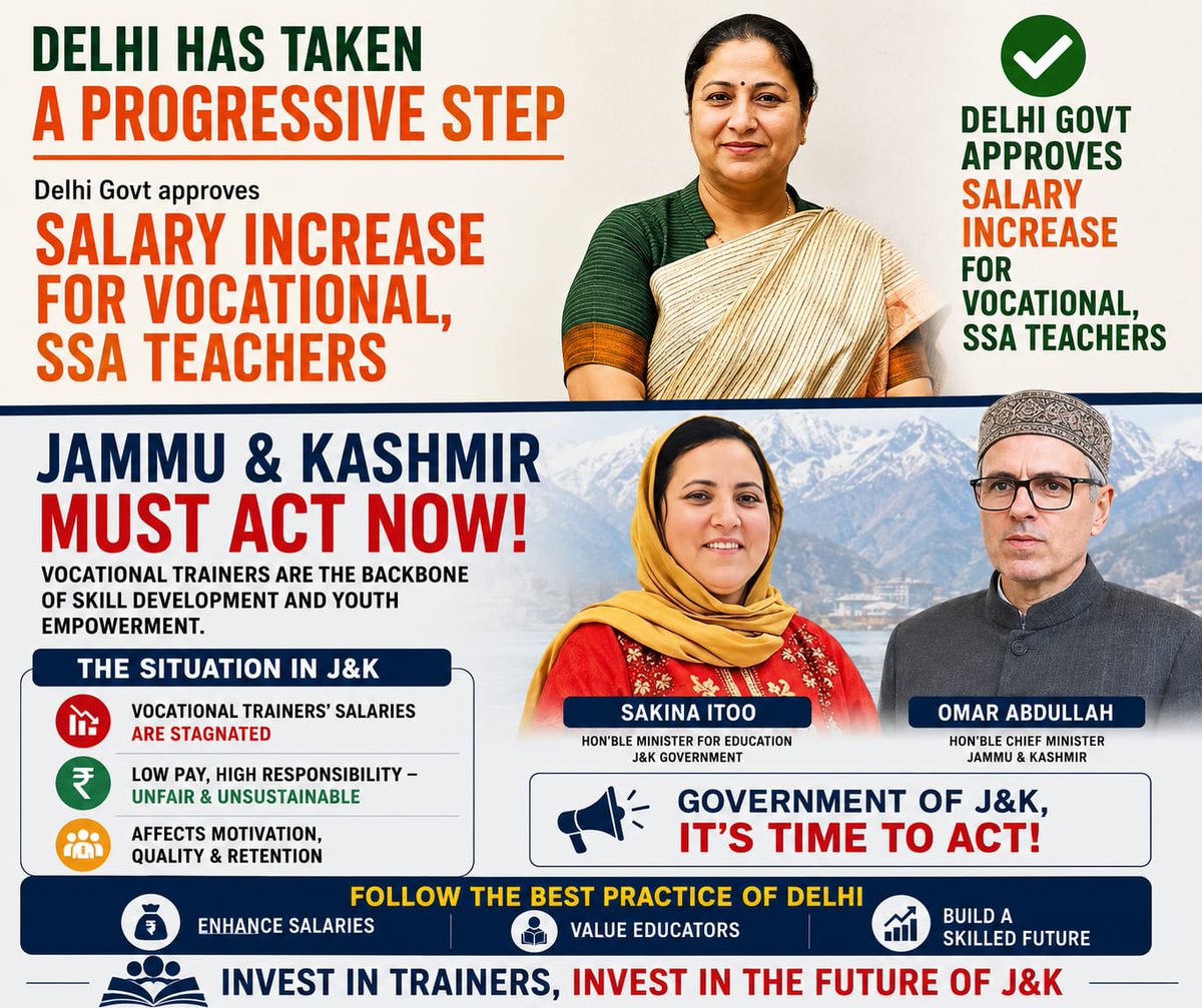 VTs are the architects of a skilled J&amp;K. While the Delhi Government has set a brilliant precedent by increasing salaries of VTs to ₹38,100, we believe J&amp;K will lead the way too.

High-quality vocational education deserves high-value recognition.

Empower VTs, Empower Students.
