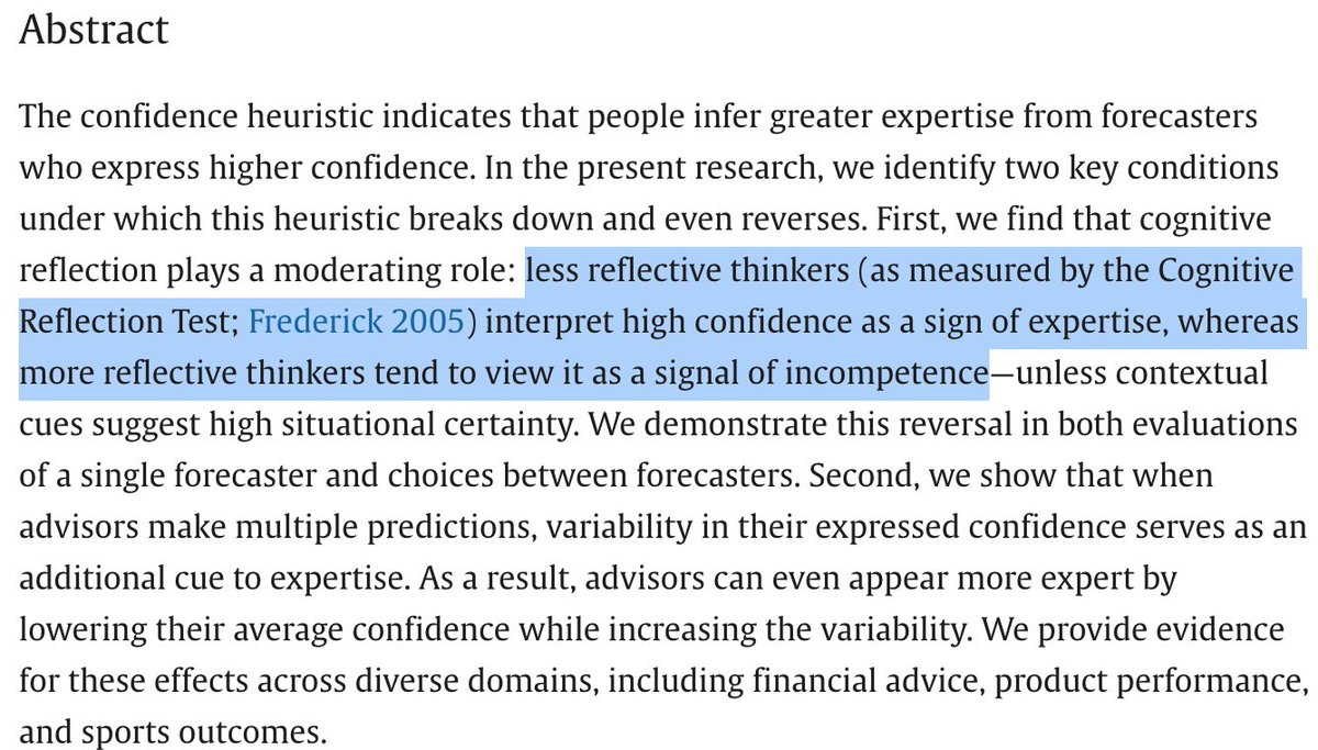 JaredOliphint's tweet photo. Sort of explains why in the past 10 years I've been dumbfounded for how some ultra-confident shouters have managed to dupe so many people, especially in political matters.
From "When less confident forecasts signal more expertise". https://t.co/yqhhlejC2m