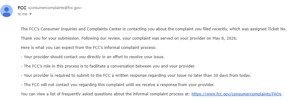 A_Reaperx's tweet photo. @FidiumFiber well just got an email back from the FCC https://t.co/qHVitKVVO6