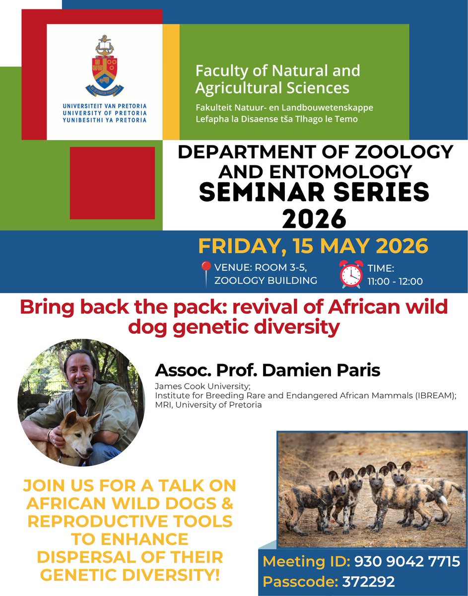 DamienParis_PhD's tweet photo. Excited to talk about some of the tools we are developing to improve genetic diversity of African wild dogs to my colleagues at the Mammal Research Institute &amp; DZE @UPTuks. Part of @RobinGieling's new PhD project which officially kicked-off today!
#GAMELab @IBREAM_tweet @jcu https://t.co/klVxug90pw