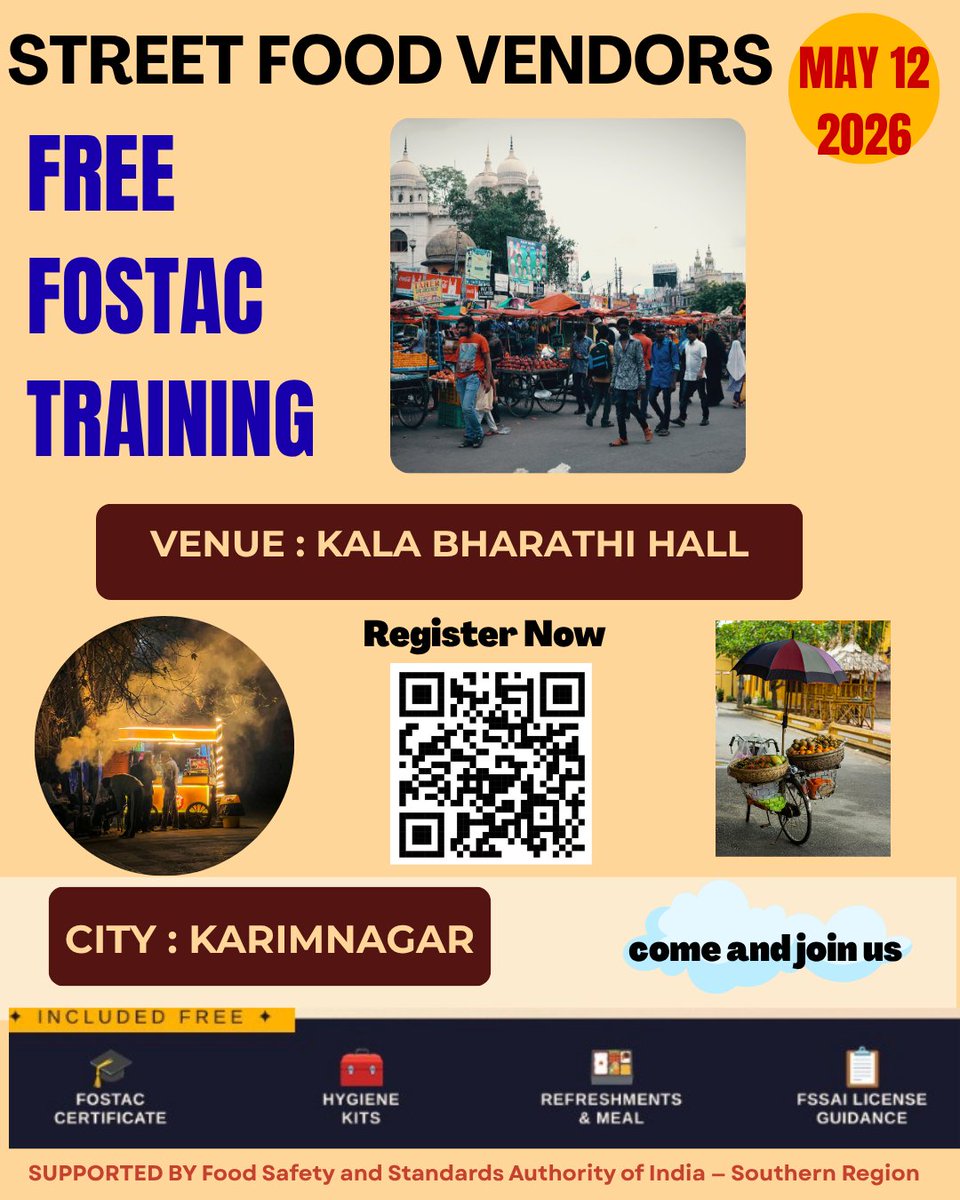 FoodSafety14991's tweet photo. 🍲 FREE FoSTaC Training for Street Food Vendors!
📍 Karimnagar
📅 May 12, 2026
🎓 Free Certificate | 🧼 Hygiene Kits | 📋 FSSAI Guidance
Upgrade your food business with safe food practices! 🚀
#FoSTaC #FoodSafety #StreetFood #FSSAI #Karimnagar #FreeTraining https://t.co/CCbrDapFRM