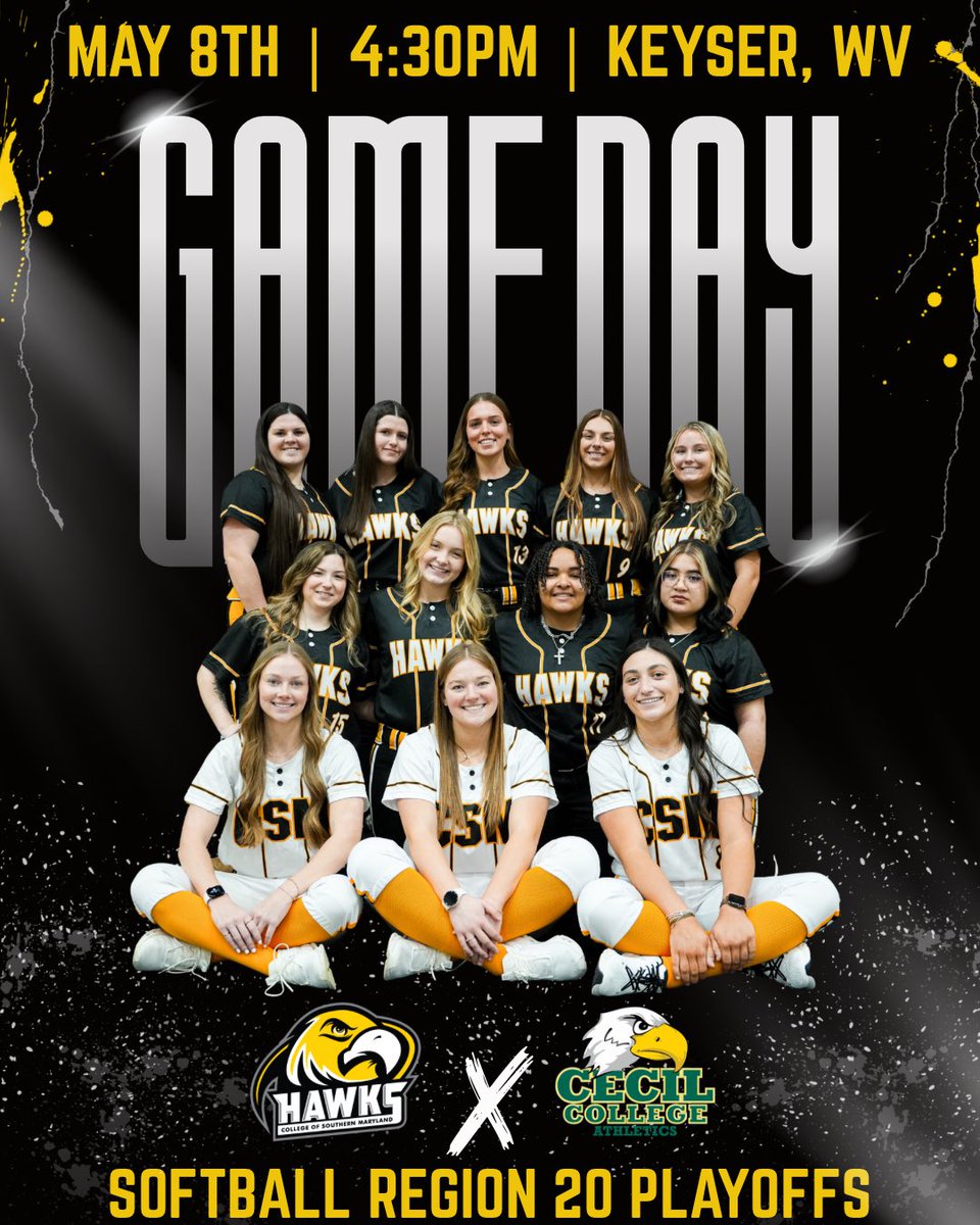 CSMHawksATH's tweet photo. 🥎 Gameday (Region 20 Championship Round) 🥎

#3 Southern Maryland (21-12, 15-3 MD JUCO)

🆚 #2 Cecil (20-10, 14-4 MD JUCO)

⏰ 4:30 p.m.

📍 Keyser, West Virginia (PSC  Softball Field)

📺 https://t.co/paEL1TdzdD

🎟️ https://t.co/dD8BDmi7hA

#CSMHawks 🦅 https://t.co/maFFNfIqeu