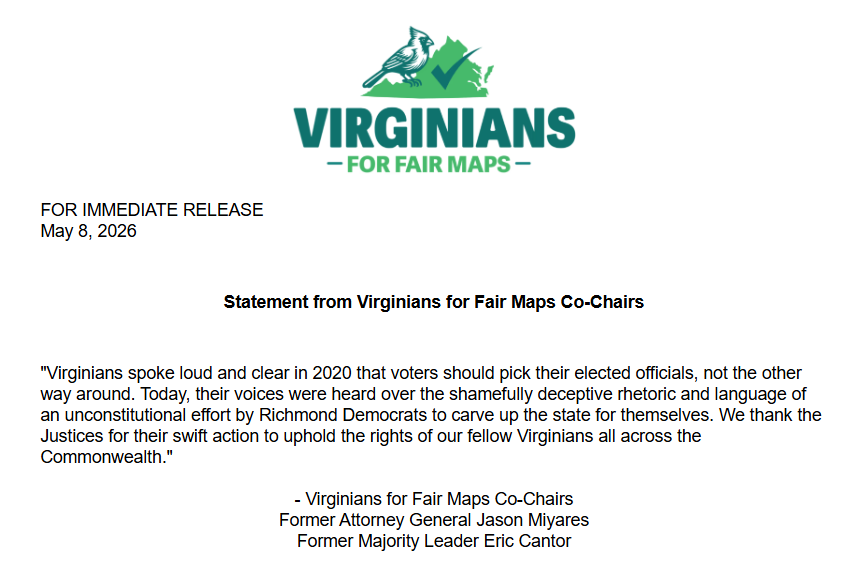 VA_forFairMaps's tweet photo. Statement from Virginians for Fair Maps Co-Chairs @JasonMiyaresVA and @EricCantor.

This is a win for voters across the Commonwealth. Justice has been served. https://t.co/r3a9q5XSpW