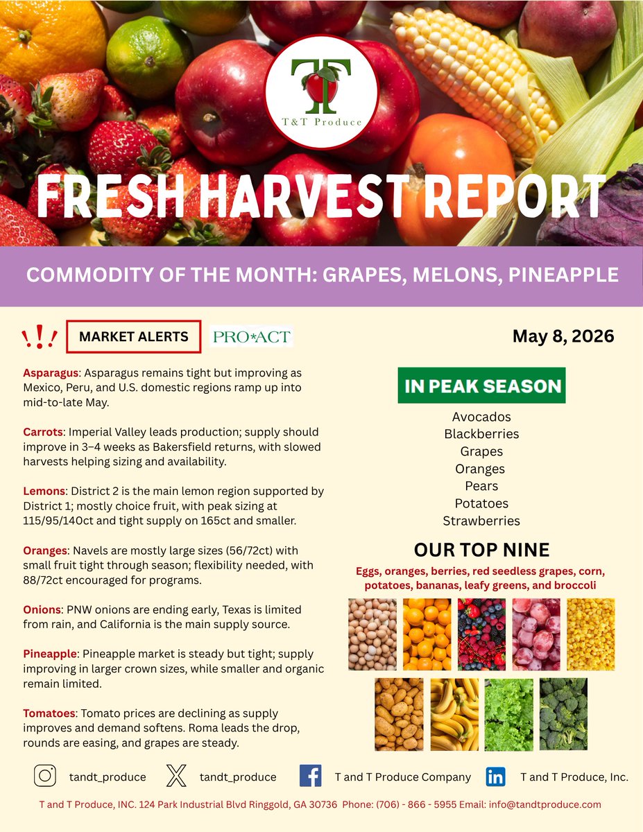 TandT_Produce's tweet photo. New month, new market report 🍇🥝

Commodity of the Month: Grapes, Pineapple, &amp; Melons

In Peak Season: Avocados, Oranges, Pears, and more!

Pineapples: Market is steady but tight 

Tomatoes: Prices are declining as supply improves https://t.co/HI8jo7cTL3