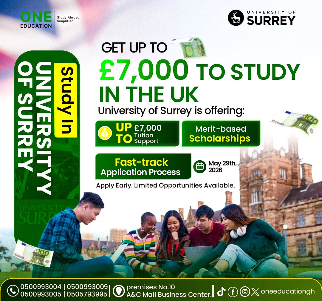 oneeducationgh's tweet photo. The University of Surrey is offering up to £7,000 in scholarship support for eligible students.
Combine that with an opportunity to receive your admission on the spot 🤗

👉 Apply now: https://t.co/GWtWt3ryCx⁠
Remember, it's a FREE event

-
#Surreyuniversity #StudyinUK #OEG https://t.co/CNS6asV1yT