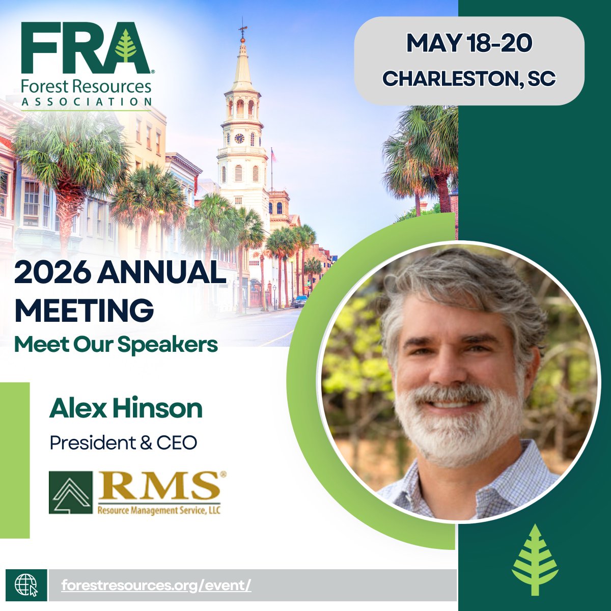 ForestResources's tweet photo. 🌳Join us in Charleston as we welcome Alex Hinson, President &amp; CEO of RMS, to the stage at the 2026 FRA Annual Meeting.

📍 May 18–20 | Charleston, SC

There’s still time to register—don’t miss it: https://t.co/RbeD4T027p

#FRACharleston26 #Forestry #WoodSupplyChain #WoodsToMill https://t.co/OYftom9Jd4