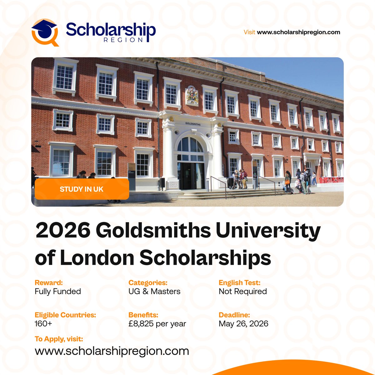 scholarsregion's tweet photo. List of Undergraduate Scholarships in the United Kingdom for International Students. #SRThread
University of Oxford Ellison Scholarship in UK 2027 (Ellison Undergraduate Scholars Program) | Fully Funded
https://t.co/DkRdTIP7u6
University of Glasgow Undergraduate Excellence Scholarship in UK 2026
https://t.co/bc6UApCvhL
University of Sheffield Sanctuary Scholarship in UK 2026
https://t.co/k118g0jjYM
University of Leicester Undergraduate Scholarship in UK 2026
https://t.co/7KEb06nD4N
2026 Transform Together Scholarship at Sheffield Hallam University, UK
https://t.co/qOYOGQ24bp
Imperial College London Trigon Scholarship 2026
https://t.co/N0ZI3Uh8xw
2026 Goldsmiths University of London Scholarships | Fully Funded
https://t.co/t49KG7sOzP